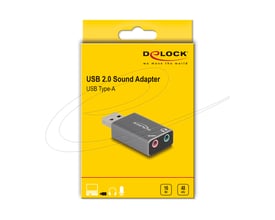 Emballagen viser DeLock eksternt USB-lydkort med USB-A-stik og to farvede 3,5 mm stereojack.