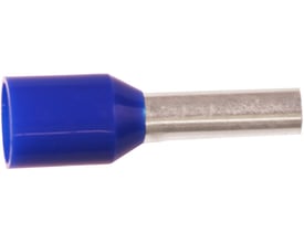 Blåt Elpress isoleret terminalrør til 2,5 mm² ledning med 18,0 mm metalrør og blå polypropylenisolering, vist mod hvid baggrund.