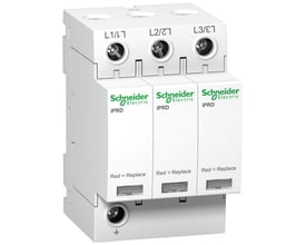 Schneider Electric overspændingsafleder A9 iPRD 40r 3P 350V, viser tre fasemoduler med tilslutningsklemmer og statusindikatorer.