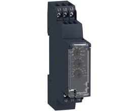 Schneider Electric Zelio RM17 kontrolrelæ til 3-fasede systemer med justeringsskruer og LED-indikatorer til underspændingsdetektion.