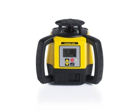 Leica Rugby 680 rotationslaser i gul og sort med digitalt display og betjeningsknapper set forfra.