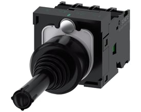 Siemens 3SU1 joystick i sort plastik med 4 momentane kontakter og skrueklemme, der viser de numeriske markeringer 1, 2, 4, 8 på toppen.