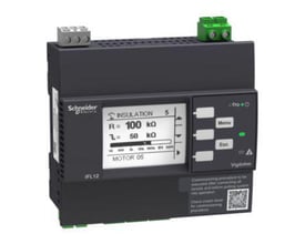 Schneider Electric Vigilohm advanced 12-kanals fejlstrømsdetektor med Modbus, viser isolationsmodstand og lækagekapacitet på et digitalt display.