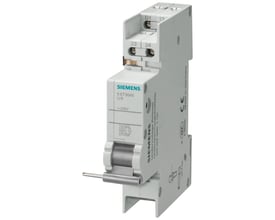 Siemens underspændingsudløser 5ST3040 UR til 24VDC med 2 terminaler monteret på en din-skinne, viser mærkat med elektrisk diagram.