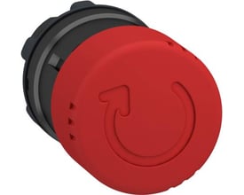 Schneider Electric Harmony Style 4 nødstop, Ø30 mm, rød tryk-drej betjening med genkendeligt genarm-symbol og sort bagmontering.