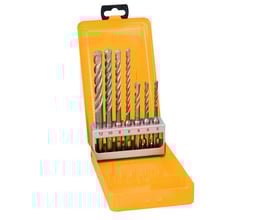 DeWalt EXTREME 2 SDS+ hammerborsæt med 7 dele i et åbent gult metaletui, bor med forskellige størrelser er monteret i en holder.