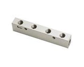 Parker Legris manifold med fire G1/4 udtag og ét G3/8 indtag, fremstillet i behandlet aluminium på hvid baggrund.