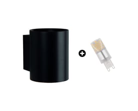 SpectrumLED Squalla G9-rør vises som en sort, cylindrisk væglampe sammen med en separat 4 W LED-pære.