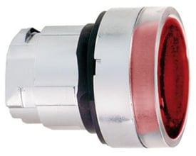 Sidevisning af Schneider Electric Harmony Style 4 betjeningshoved i rød, med riflet overflade og krom ring.