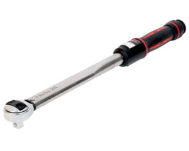 Norbar mekanisk momentnøgle på 1/2" til 10-50 Nm med metalstang, skraldehoved og sort håndtag med røde detaljer.