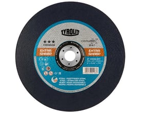 Sort, rund Tyrolit PREM-skrubskive med centerhul og trykt mærkat, 230 x 4 x 22,23 mm, CA24Q-BFP.