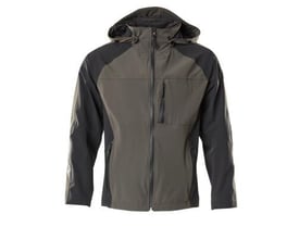 Mascot skaljakke i mørk antracit og sort, størrelse 4XL, fremstillet i slidstærkt strækstof med vandtæt lynlås og hætte.