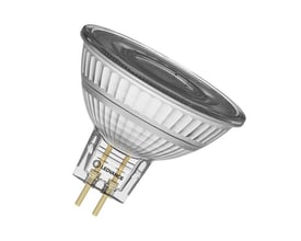 Nærbillede af Ledvance LED MR16 spot fra siden, viser stifter, klar glasreflektor og GU5,3 fatning.