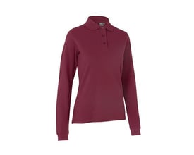 ID Identity dame poloshirt i bordeaux rød med lange ærmer og tone i tone knaplukning på hvid baggrund.