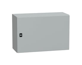 Schneider Electric CRN metal vægskab, 400x600x250 mm, vist fra fronten, med lås og tydelig RAL7035 farve.