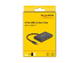 DeLock 4-port USB 3.2 Gen 2 USB-C hub i sort design med sort kabel og USB-C™ stik, vist på gul baggrund med produktinformation.