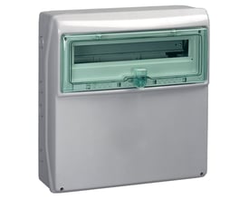 Schneider Electric Kaedra kapsling, grå, 1x13 moduler, uden åbninger, med grøn transparent låge.