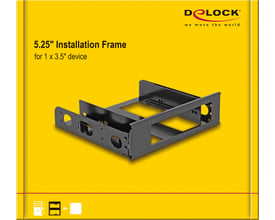 Emballagen viser DeLock-installationsrammen til montering af én 3,5″-enhed i en 5,25″-plads.