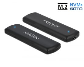Sort DeLock USB Type-C-kombikabinet til M.2 NVMe PCIe- eller SATA-drev, vist fra flere vinkler.