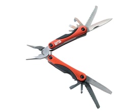 Åben Bahco multitool MTT151 med 18 funktioner, der viser tang, kniv, sav og fil fremstillet i rustfrit stål.