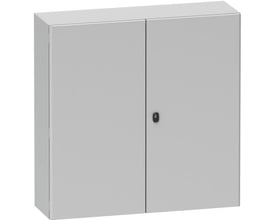 Vægskab fra Schneider Electric Spacial S3D-serien med to fronter og et midterstillet håndtag på en hvid baggrund.