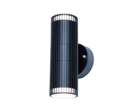 V-Tac Pro væglampe i sort aluminium med dobbelthoved, GU10 fatning og IP44 klassifikation, vist på hvid baggrund.