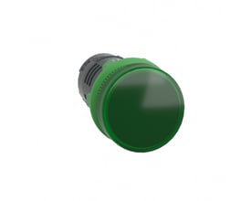 Schneider Electric Harmony XB5 signallampe med grøn, plan LED-linse og 22mm monteringsdiameter på hvid baggrund.
