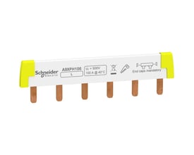 Schneider Electric A9XPH106 1-pole sløjfeskinne med gule endestykker, 100A, 500V og markering for påkrævede endekapsler.