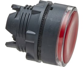 Schneider Electric lampetrykshoved i rød plast, Ø 22 mm, Harmony Style 5 serie, vist med bagmontering og LED teknologi.