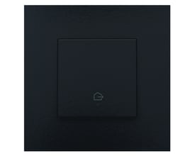 Niko forlad hjem tryk i sort bakelit med hus-symbol og integreret LED-indikator på mørk baggrund.