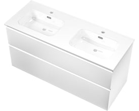 Sanibell Proline møbelsæt i mathvid, 121x46cm, med to integrerede softclose skuffer og dobbelt porcelænsvask med hanehul og overløb.