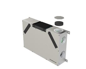 Dantherm RCC220 P2 ventilationsanlæg i metal med sort kontrolpanel og runde tilslutninger, beregnet til væg- og loftmontering.