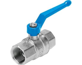 Festo kugleventil VZBM-11/2-RP-40-D-2-M-B2B3 i messing med blåt håndtag og gevind til montering.