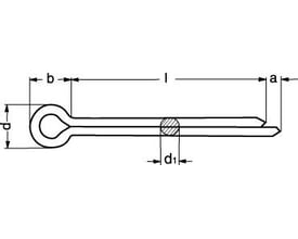 Teknisk illustration af syrefast split 8,0 x 90 mm, A4, DIN 94 med dimensioner markeret. Splitten har et øje i den ene ende og delte spidser i den anden.