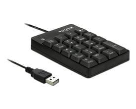 DeLock numerisk USB-tastatur med 19 sorte taster set skråt oppefra, med fast kabel og USB-stik.