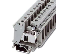 Phoenix Contact installationsklemme UIK 35 i grå plast med skruetilslutning, designet til 0,75-35 mm² ledere og montering på DIN-skinne.