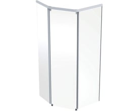 Vinkelbillede af Ifö Showerama frontelementet, fremviser rammen af klar aluminium og de gennemsigtige glaspaneler.