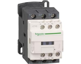 Detaljeret billede af Schneider Electric TeSys D kontaktor LC1D12F7, der viser skrueklemmer, NO/NC kontakter og mærketype.