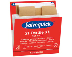 Refillpakke med Salvequick Textilplaster XL 6470, som indeholder 14 stk. 80 x 32 mm og 7 stk. 80 x 48 mm plastre.