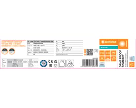 Produktetiket til Ledvance Damp Proof Compact LED-armatur med oplysninger om lumen, effekt, farvetemperatur og IP66.