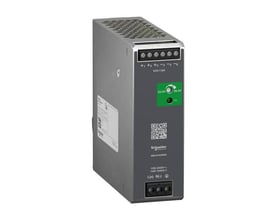 Schneider Electric Modicon ABLS Optimized strømforsyning, 1-faset 24 V og 5 A, set skråt forfra med tilslutninger.