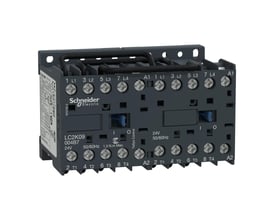 Schneider Electric revers kontaktor, LC2K09004B7, 9A, 48VAC, med 4NO kontakter, tydeligt mærket med betegnelser og specifikationer.