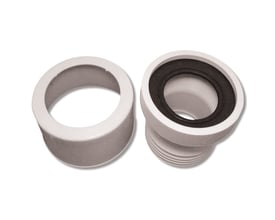 Excentrisk toilettilslutning på 20 mm med muffeskjuler og gummipakning, vist i to dele.