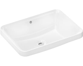 Hansgrohe Xuniva Q håndvask fra oven, viser den firkantede form, overløb og mangel på hanehul i hvid blank porcelæn.