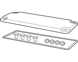 Detaljeret tegning af Fibox EK MODUL blindflange i grå polycarbonat, inklusiv pakning og monteringsskruer for størrelse 3.