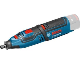 Detaljeret billede af Bosch GRO 12V-35 Professional akku-rotationsværktøj, der viser kontrolknapper og mærkning på den blå krop med en grå batteriindikator.