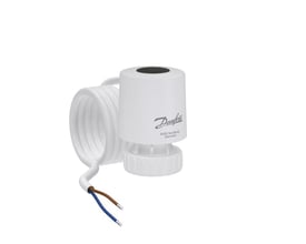 Hvid Danfoss TWA-Q termoaktuator med 1,2m kabel snoet til siden, viser en del af dens design.