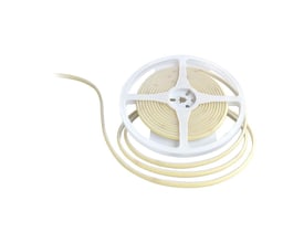 V-TAC 10W/m COB LED strip på 5 meter, rullet op på en hvid plastspole med et kabel, der hænger ned.