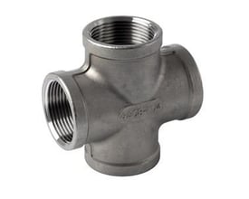 Rustfri stålkrydsfitting (AISI 316) med fire 1¼" indvendige gevindmuffer til varmeanlæg og drikkevandsinstallationer.