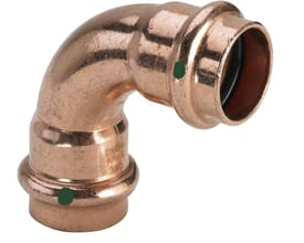 Viega Profipress 42 mm 90° kobberbøjning med muffe/muffe og SC-Contur synlig på en hvid baggrund.